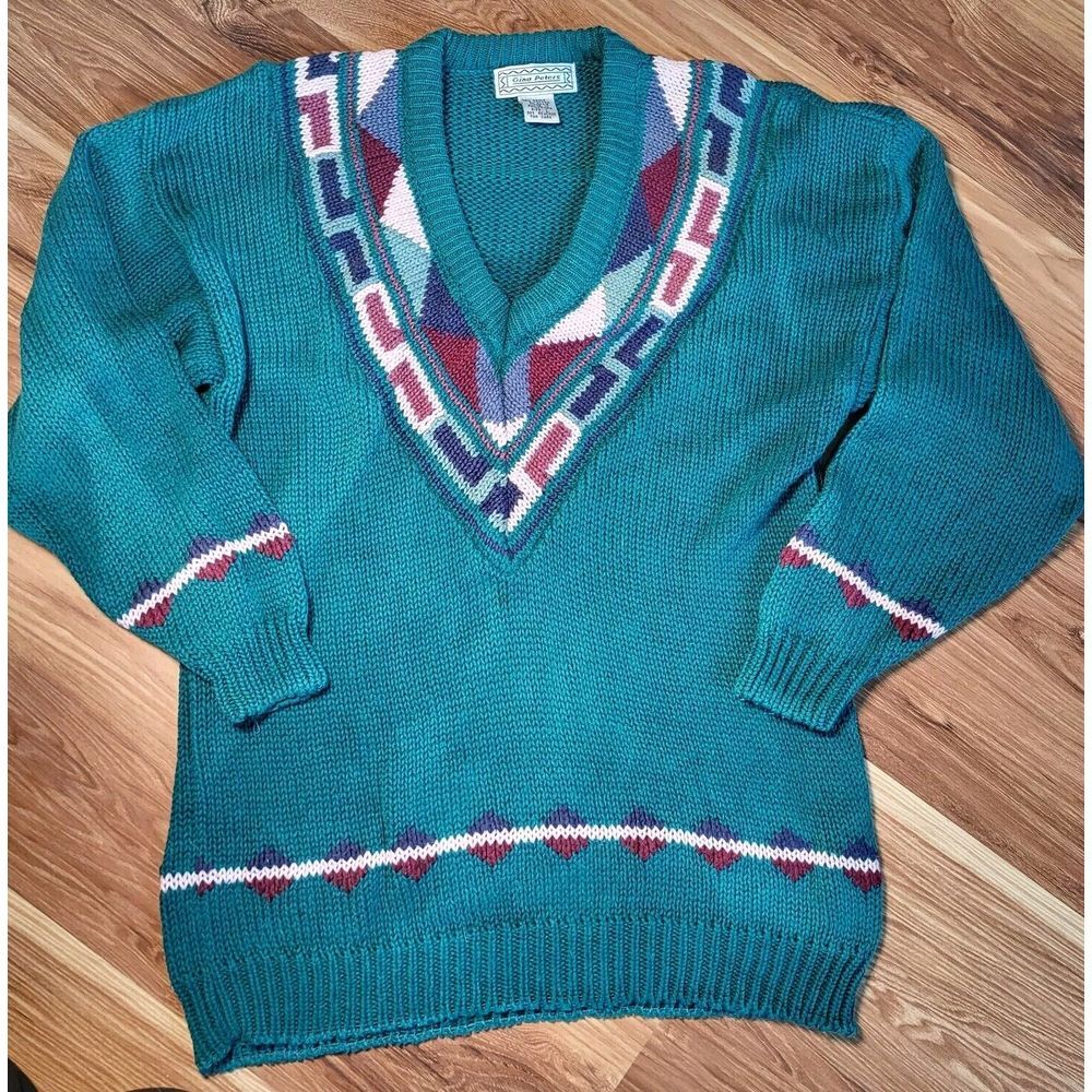 Vtg Gina Peters Green Ramie Cotton Knit Sweater‎ Retro Design Womens Size Large